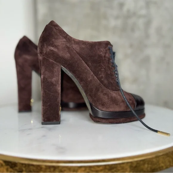 Chanel Brown Suede Leather Platform Lace Up Block Heeled Oxford Boot - Picture 4 of 17